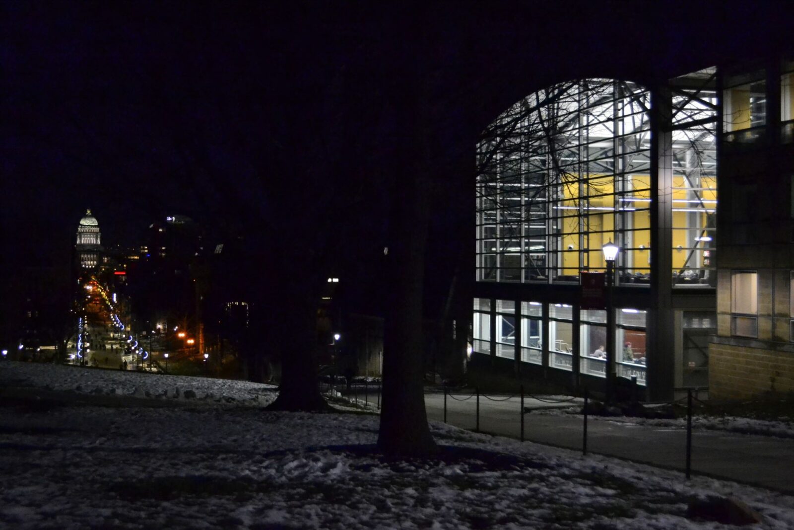 Exterior of the Law Library at night in the winter