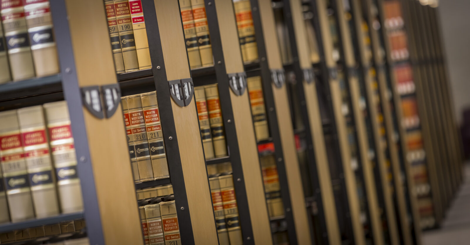 Image of case reporters in the Law Library's stacks.